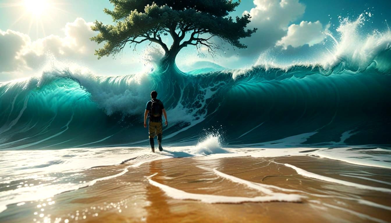 Stormy Beach with Celestial Portal