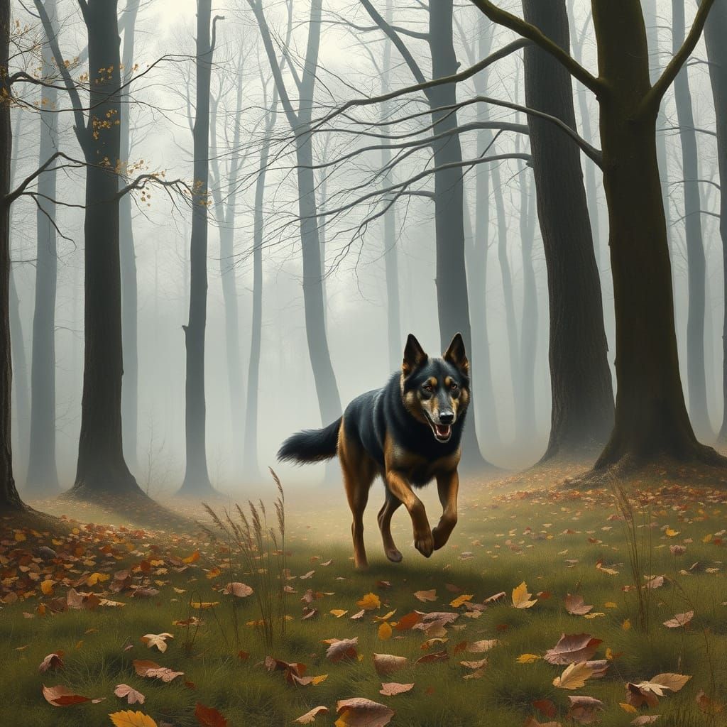 Finnish Wolfhound Runs Through Misty Autumn Forest