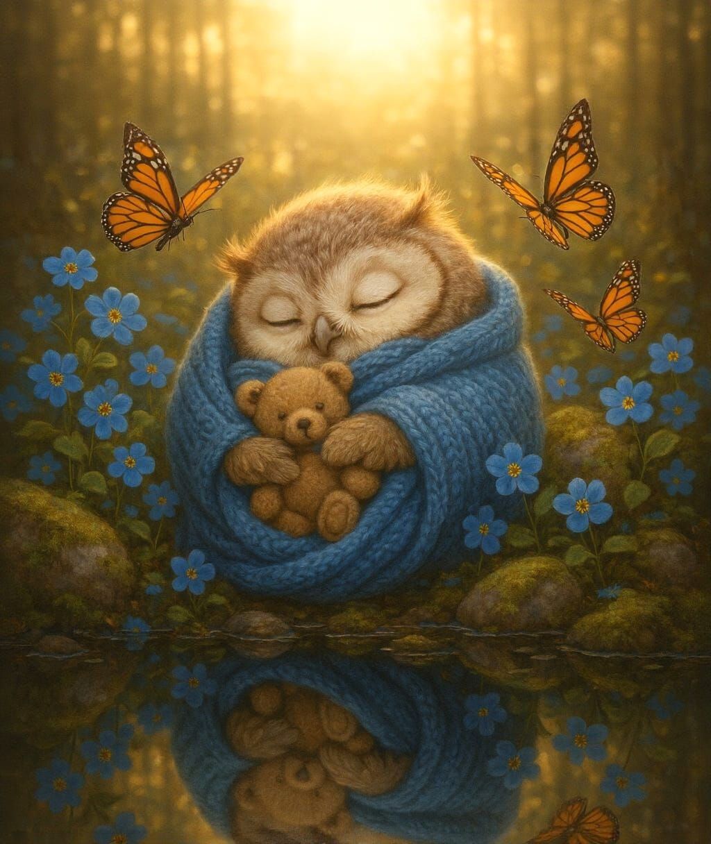 Dreamy Owl Cub Sleeping in Magical Forest
