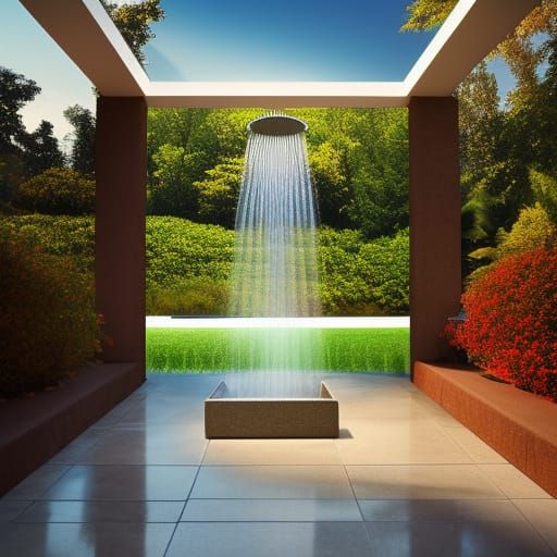 Colorful Outdoor Shower in Hyperrealistic Landscape