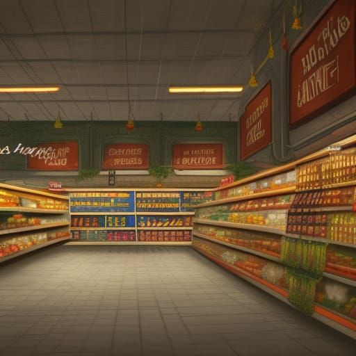 Empty Grocery Store Interior: Detailed Matte Painting