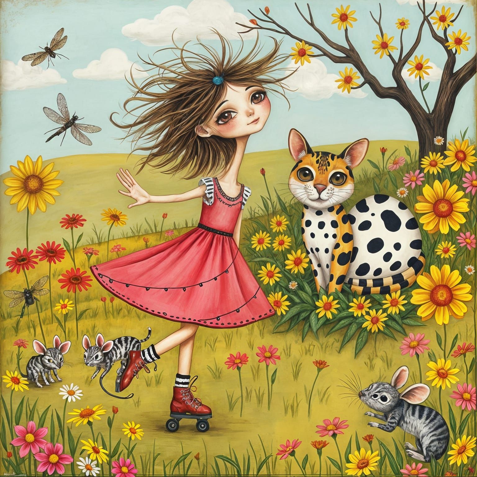 Girl on Roller Skates in Surreal Wildflower Meadow