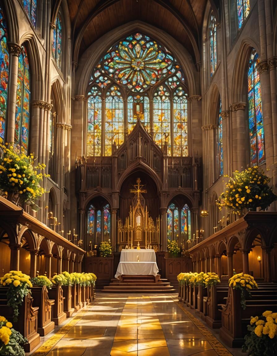 Ethereal Church Altar with Stained Glass in Gothic Style