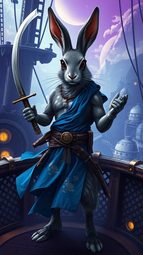 Hare Swashbuckler on Spaceship in Dark Fantasy Art