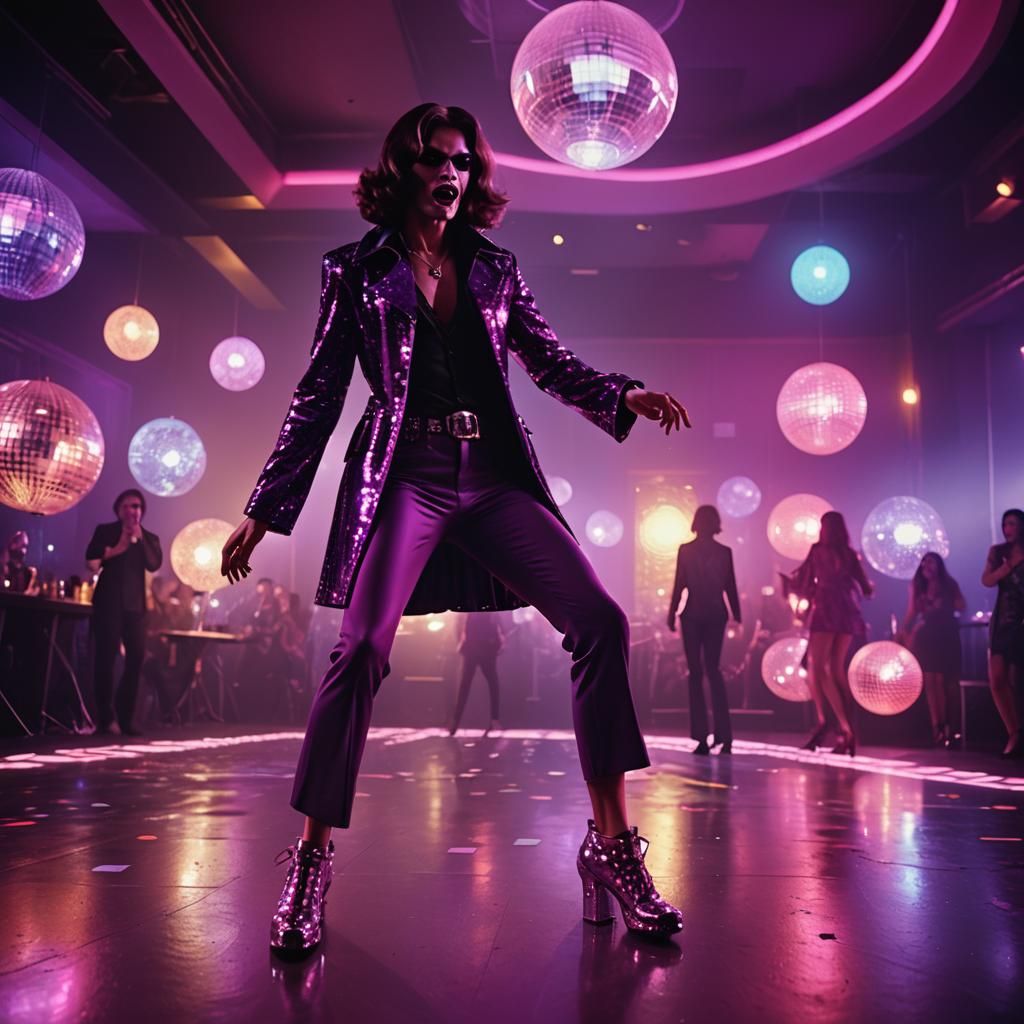 1970s Vampire Dances Disco in Neon Raver Style