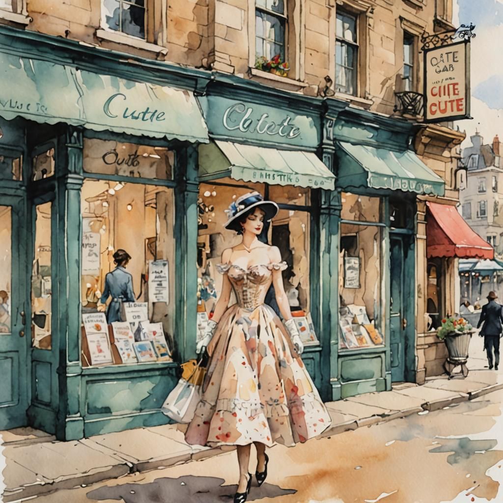 Victorian Lady Shopping: Abstract Watercolour Scene