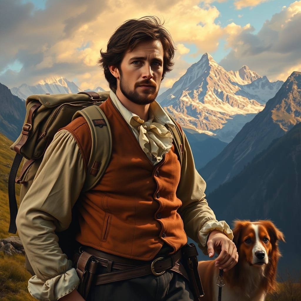 Man Backpacking Alps in 1700s Swiss Fashion