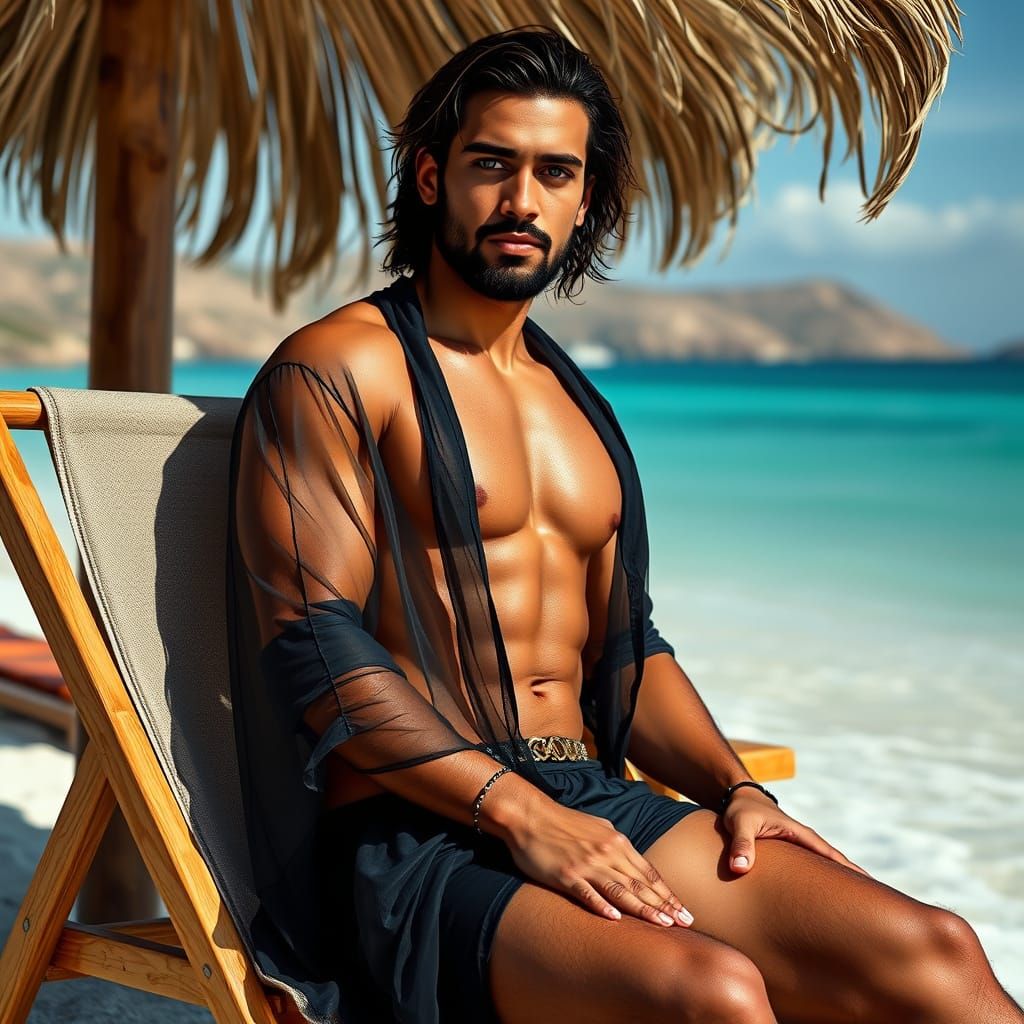 Indian Man on Greek Beach, Photorealistic Image