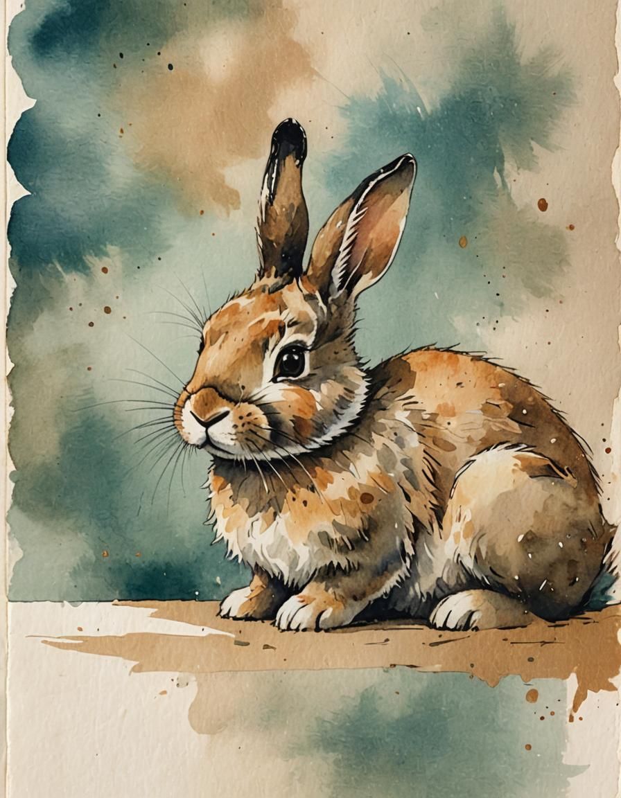 Fluffy Bunny on Blank Page in Watercolor Style