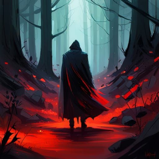 Mysterious Cloaked Figure in Forest, Manga Painting
