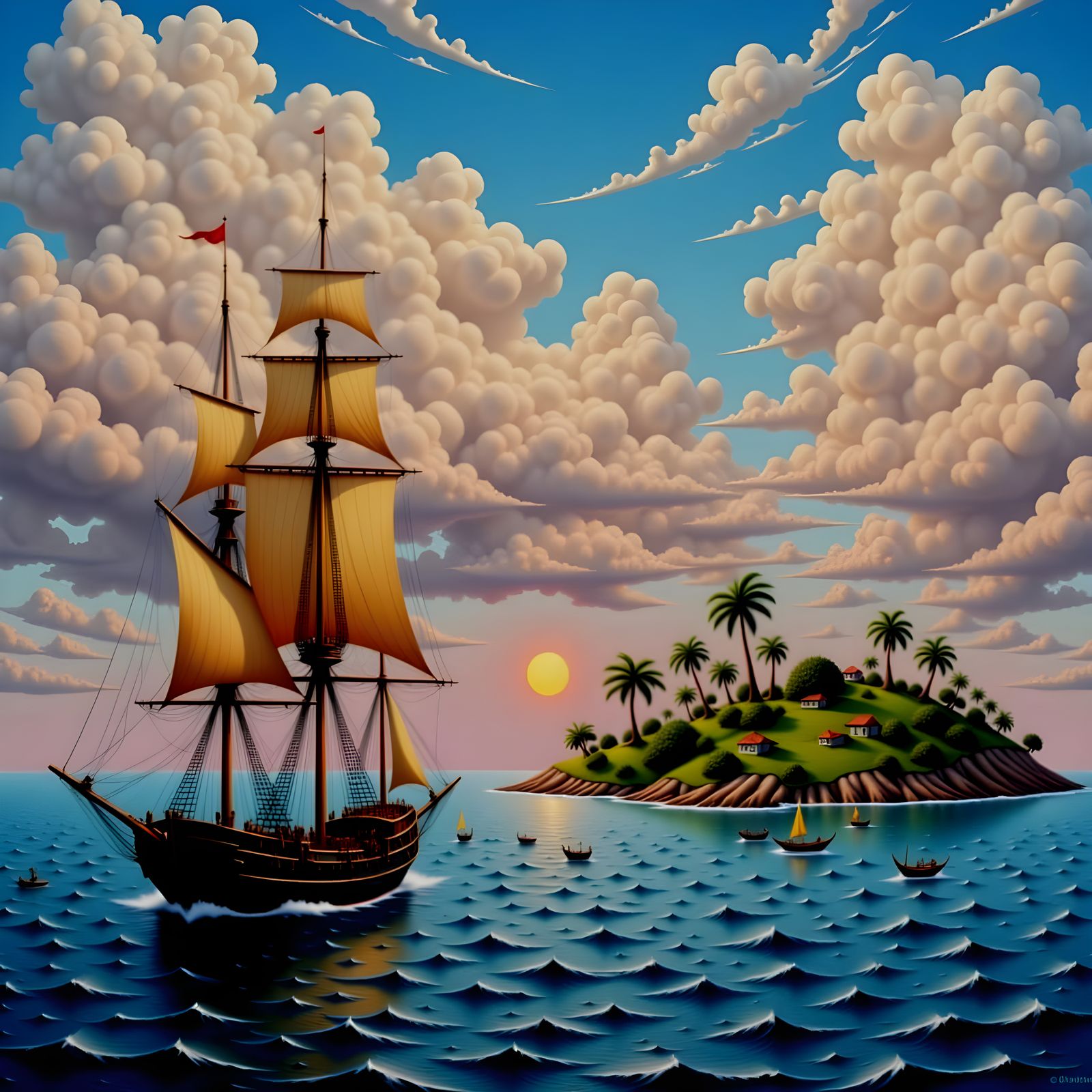 The tallship sails past the island as the sun sets