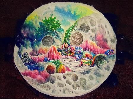 Psychedelic Watercolor Painting of Moon Paradise