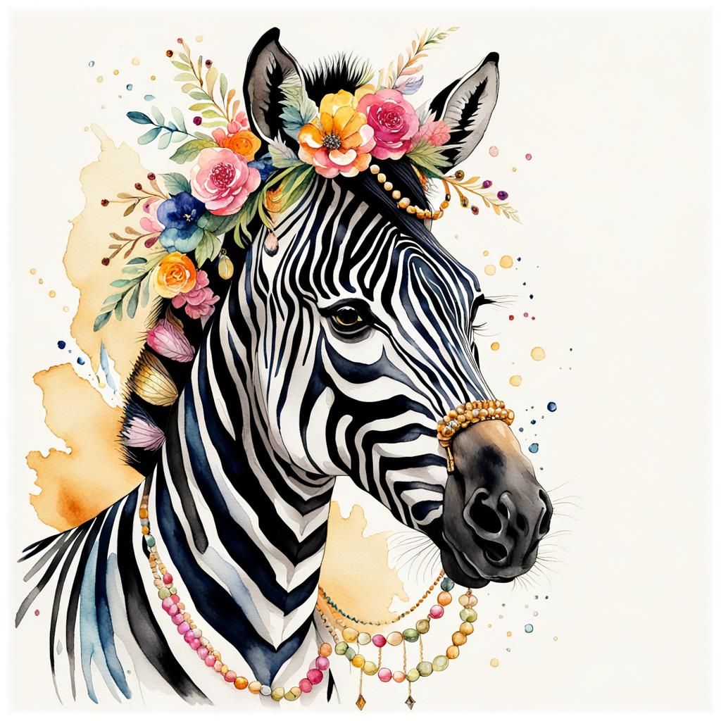 Elegant Female Zebra in Whimsical Watercolor