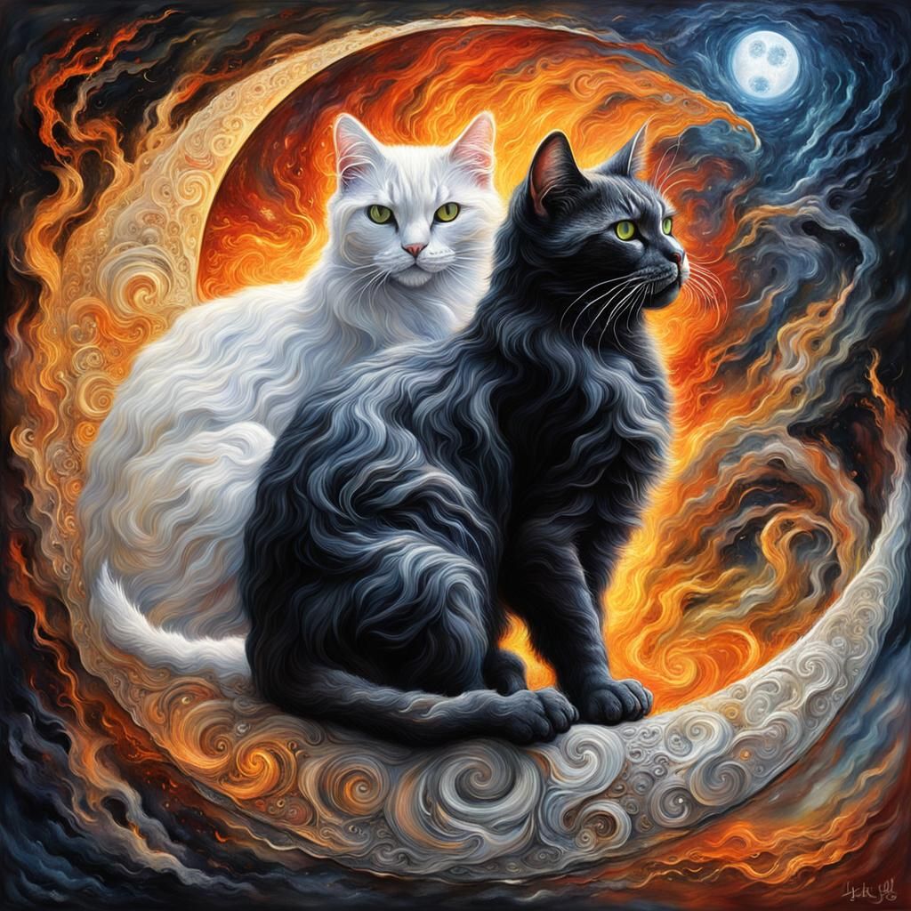 Sculptural Yin Yang Cats in Firelight
