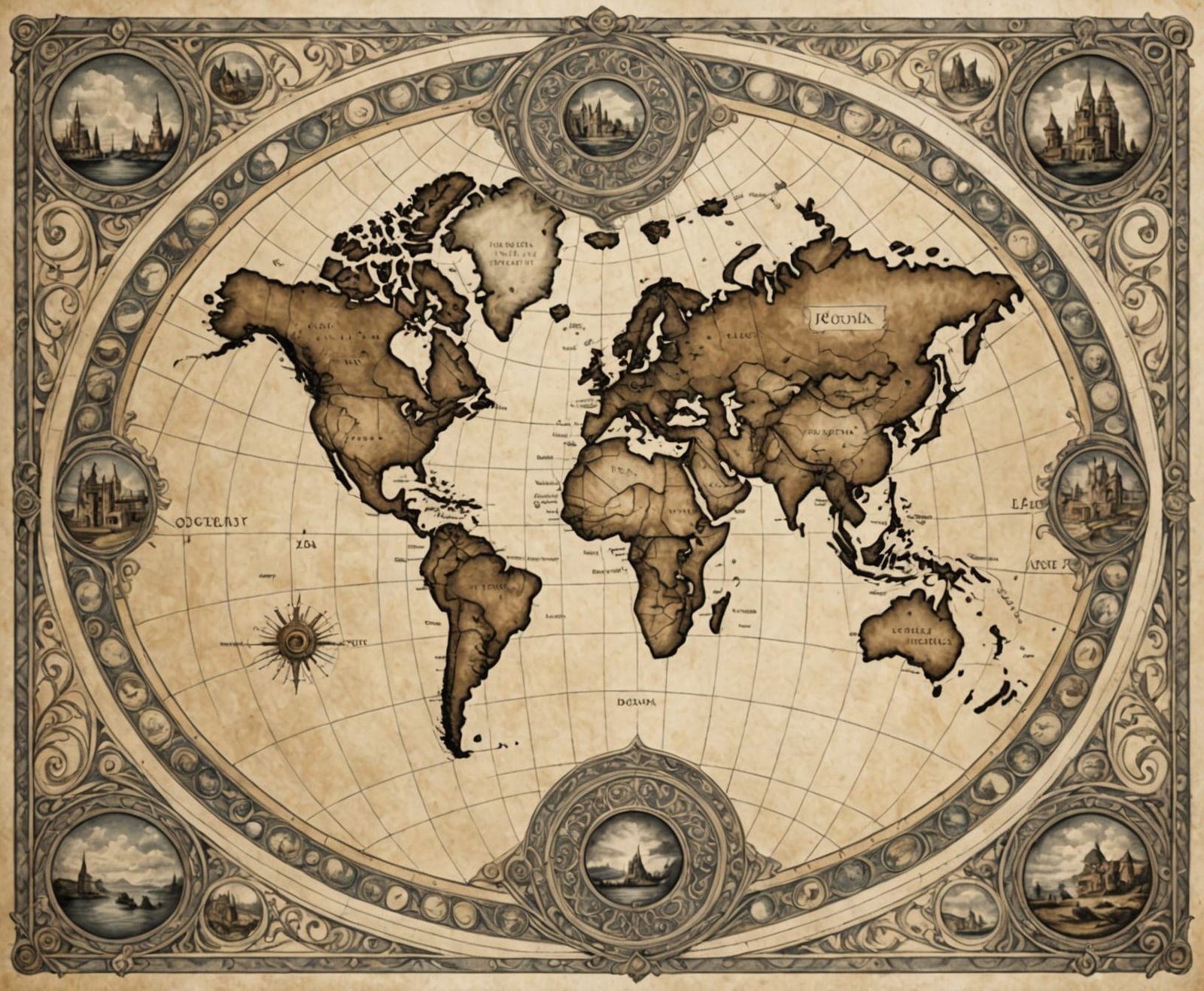 Intricately Drawn Double Oval Map of an Imaginary World