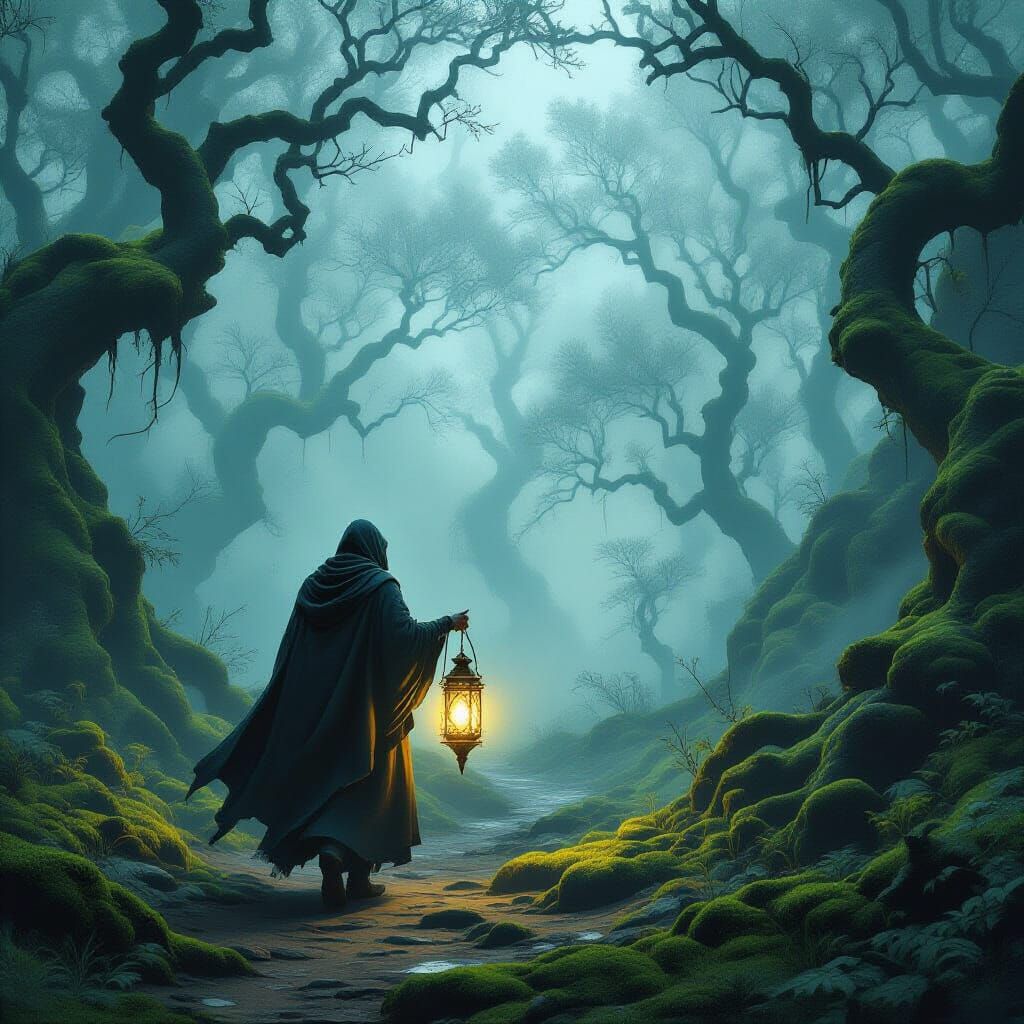 Misty Forest Traveler with Glowing Lantern
