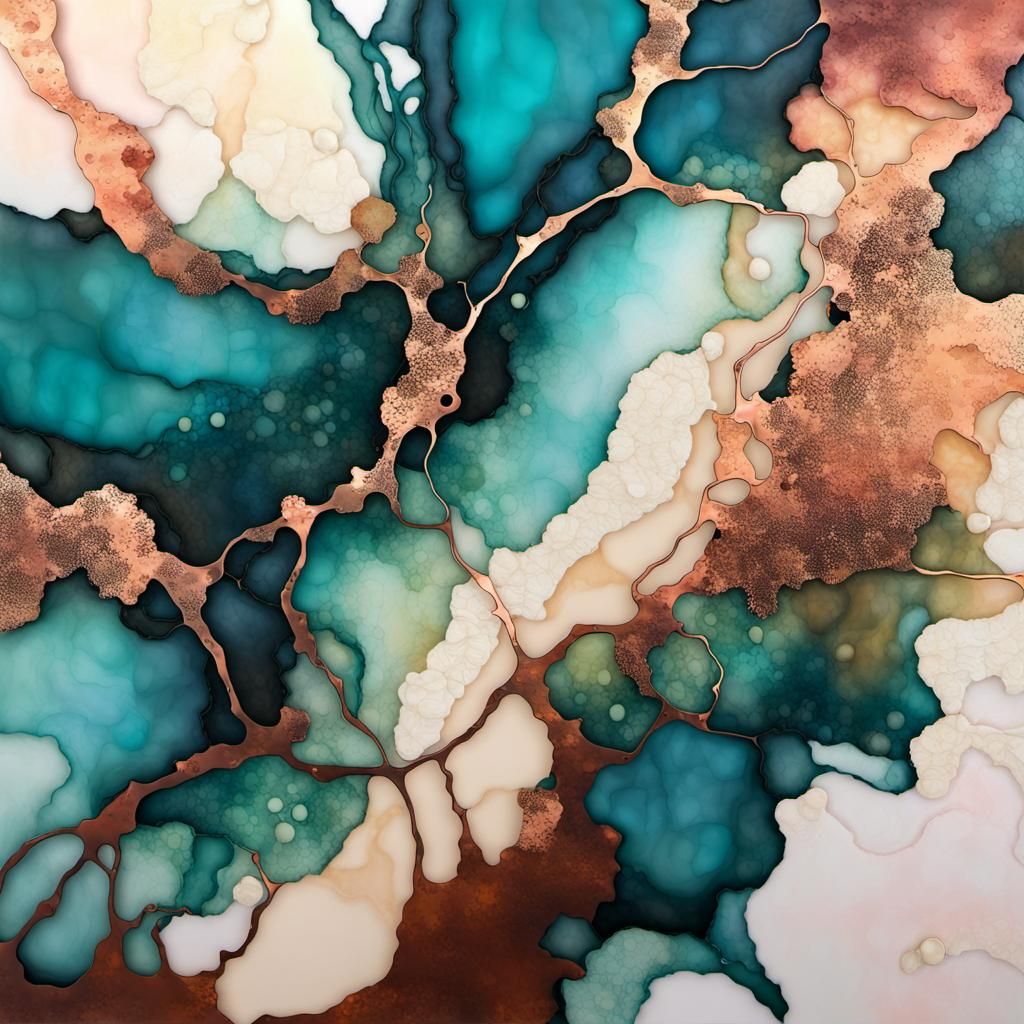 Teal, Copper, and Cream Alcohol Ink Abstract Art