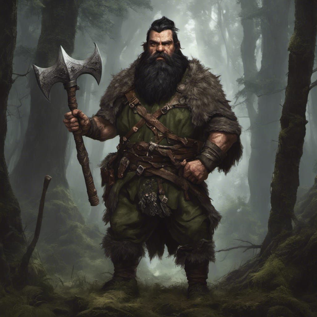 Fantasy Dwarf Hunter in Dark Forest, Detailed Art