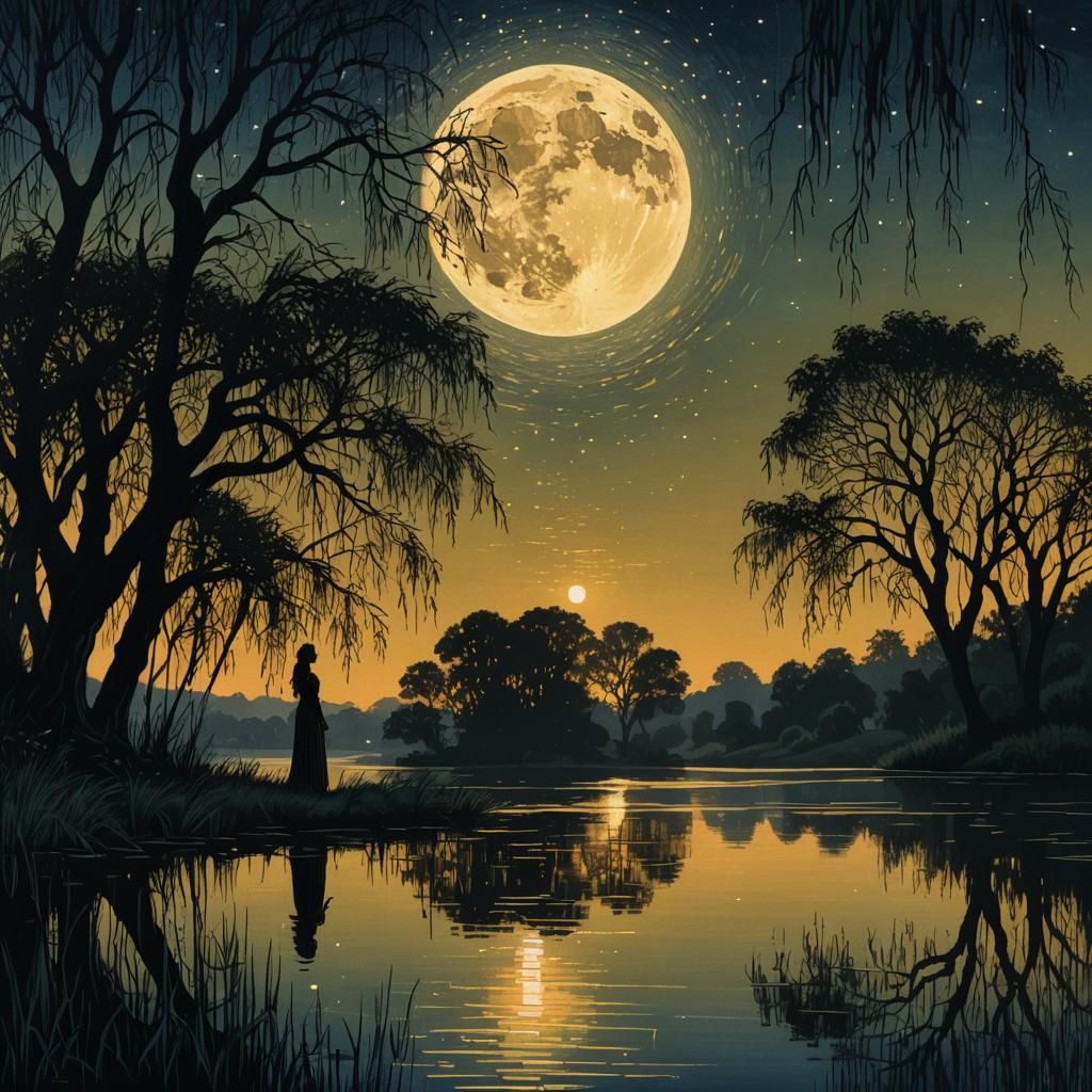 Woman by Lake Under Golden Moon