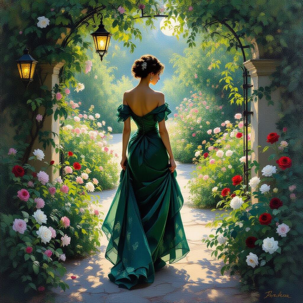 Emerald Gown Evening Elegance in Moonlit Garden