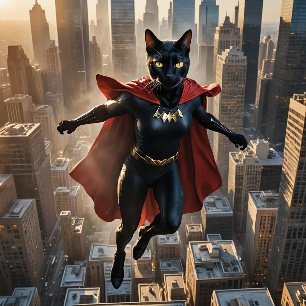 Black Cat Superhero Protecting City at Dawn