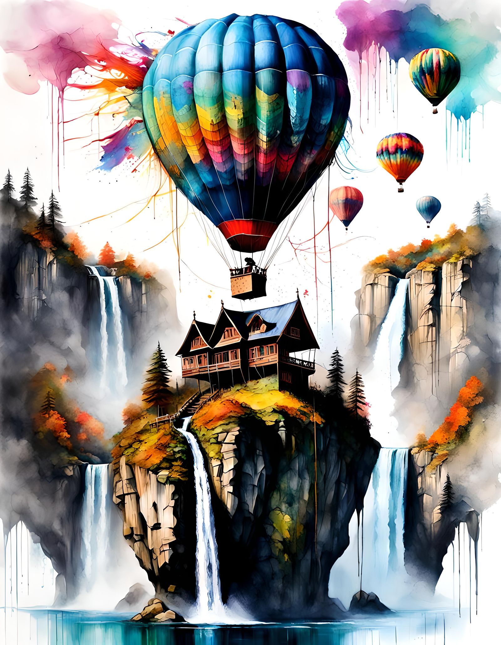 Majestic Hot Air Balloon Over Tropical Waterfall