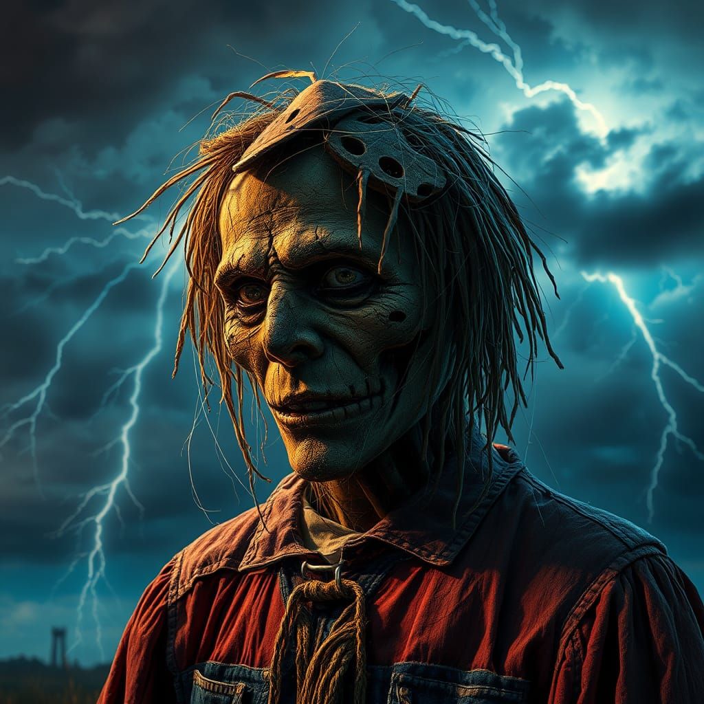Hyperrealistic Scarecrow Portrait in Stormy Weather