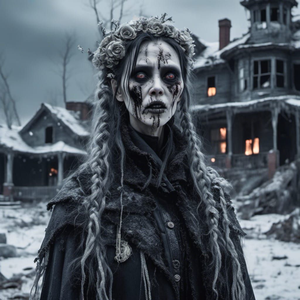 Creepy Zombie Goth Woman in Snowy Scene