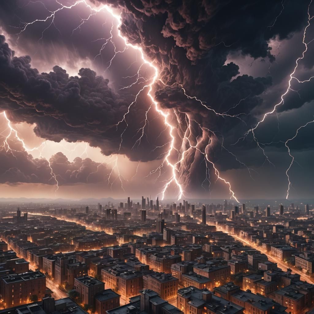Dramatic Lightning Over City, Fantasy Concept Art