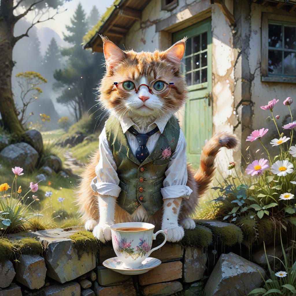 Whimsical Barn Cat with Teacup on Tail, Pastel Watercolour A...