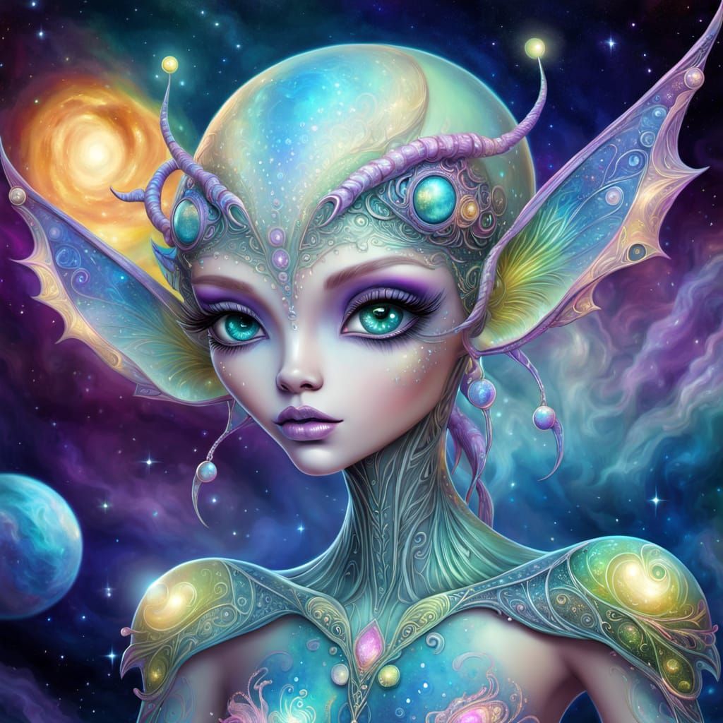 Whimsical Alien Sprite in Vibrant Fantasy Landscape