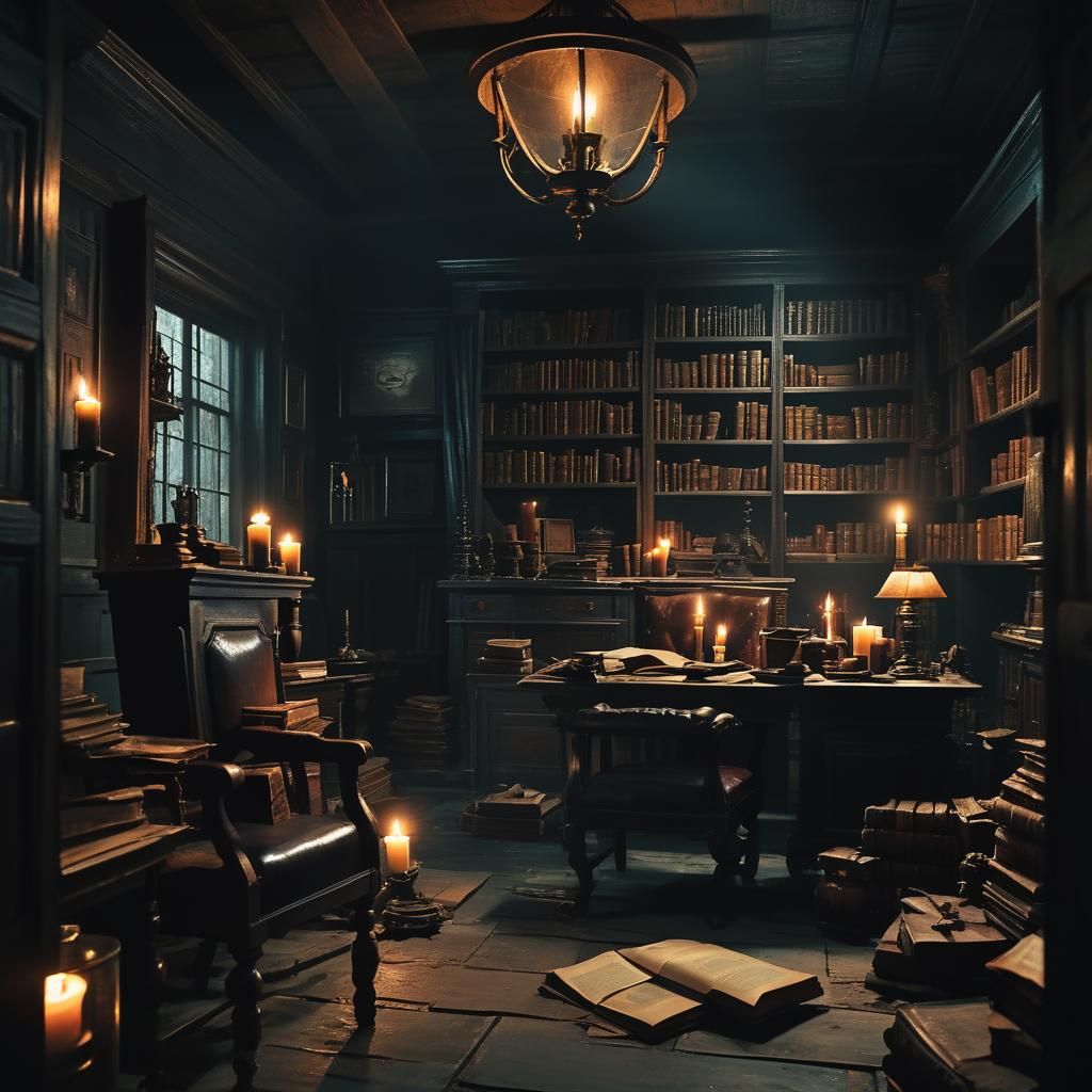 Dark Academia Office with Eerie Lighting
