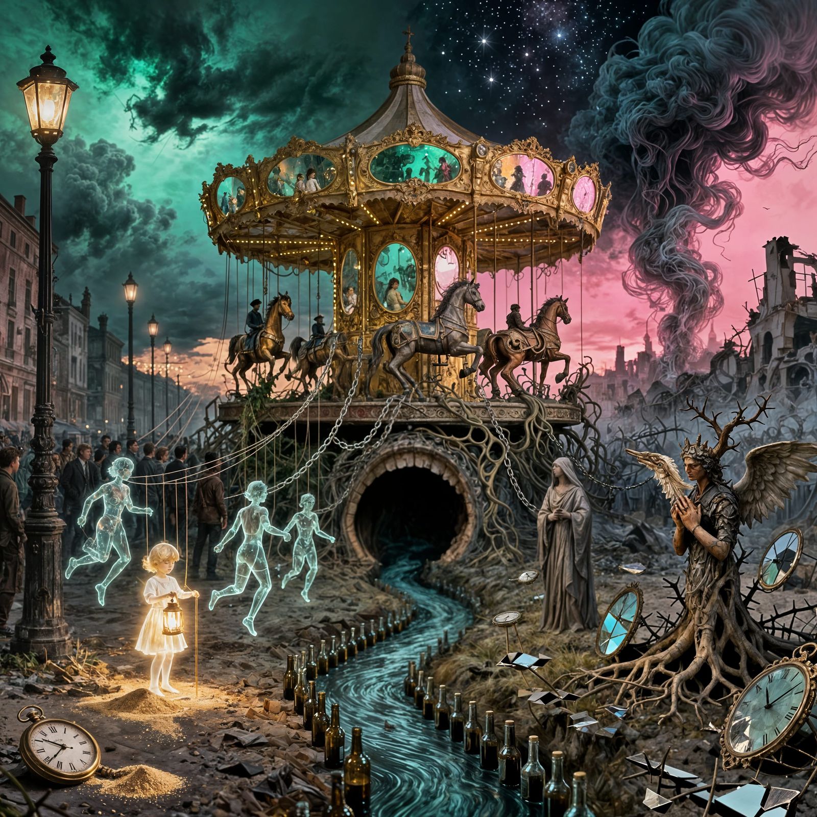 Surreal Twilight City with Marionette People and Twisted Car...