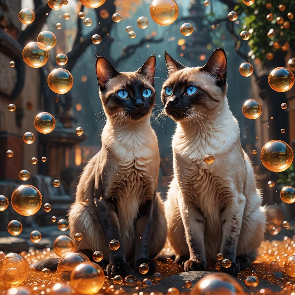 Siamese Cat Gazing at Orange Bubbles