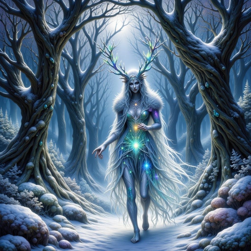 Mystical Creature in Snowy Forest, Fantasy Concept Art