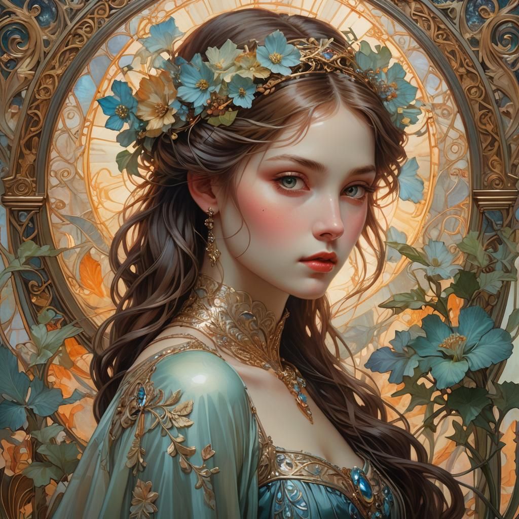 Mystical Woman Framed by Crystal Curtain in Victorian Style