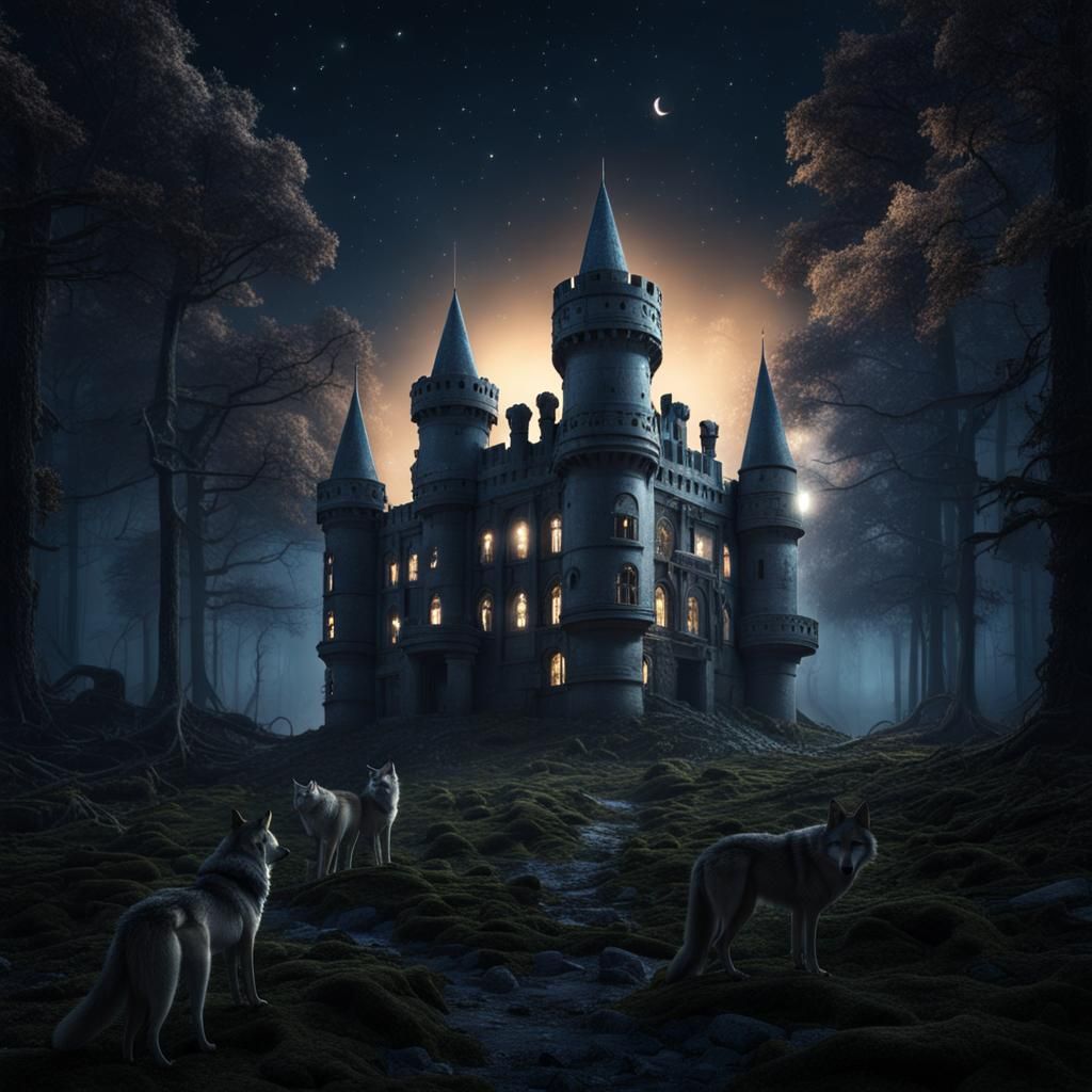 Surreal Abandoned Castle in Dark Fantasy Forest