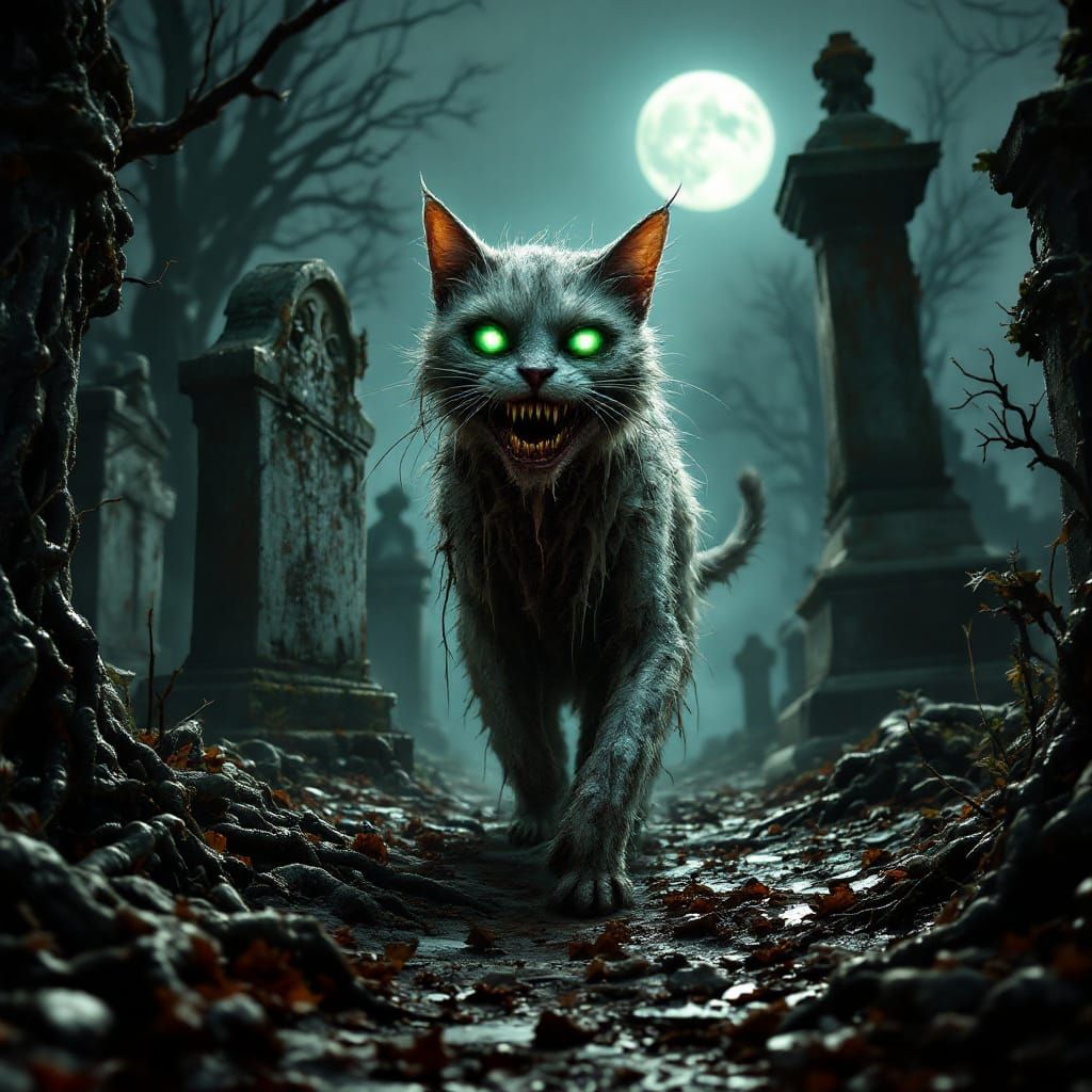 Zombie Cat Striding Through Graveyard in Hyperrealism