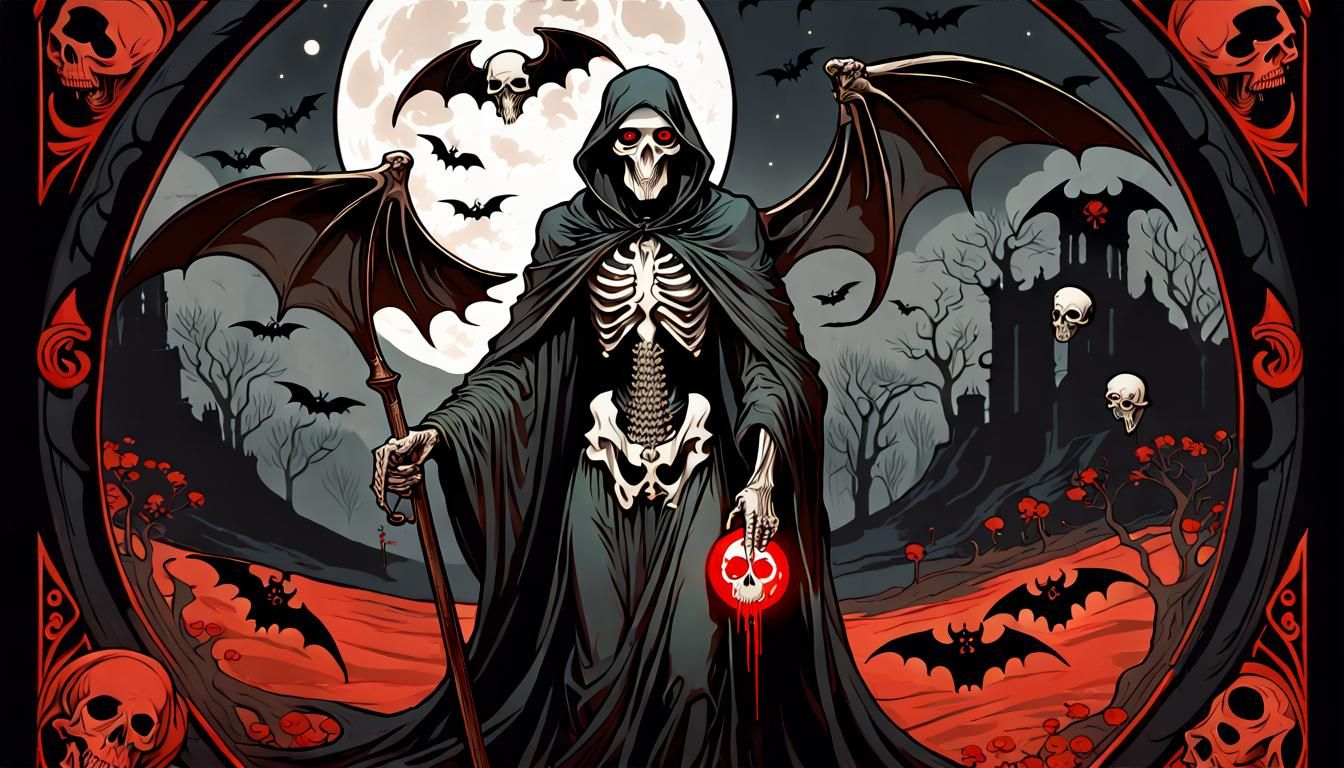 Grim Reaper Art Nouveau with Bats and Skulls
