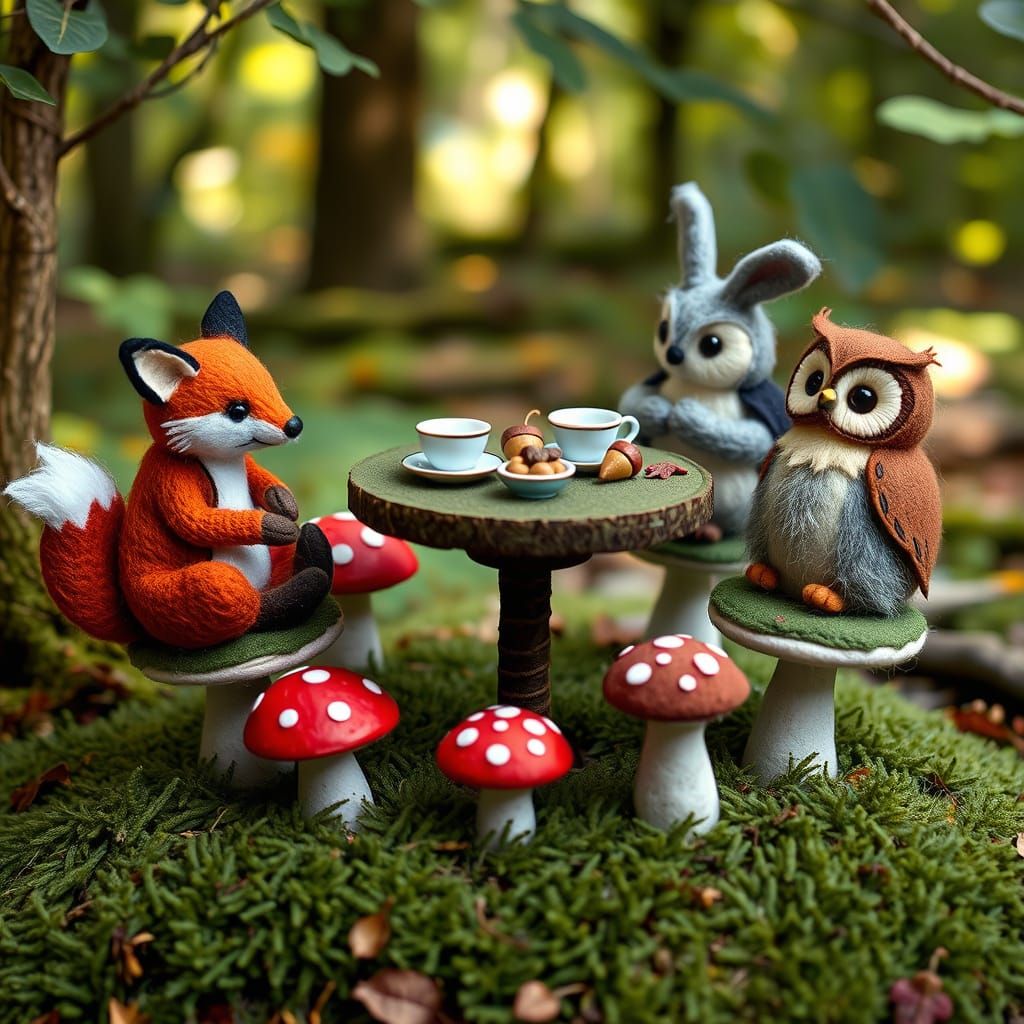 Felted Animal Tea Party in Whimsical Style