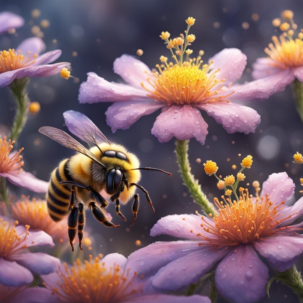 Bee Pollinating Flower in Detailed Watercolor Painting