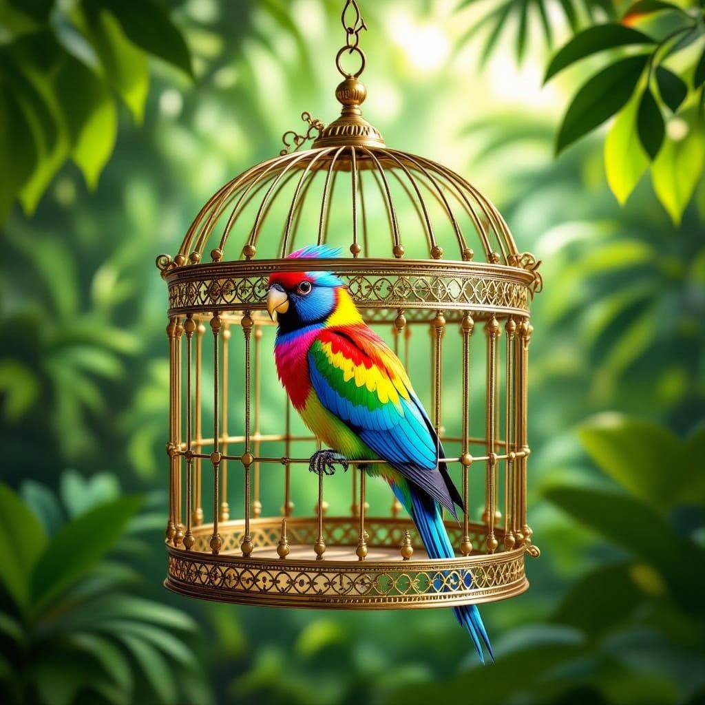 Exotic Rainbow Bird in Ornate Gold Cage