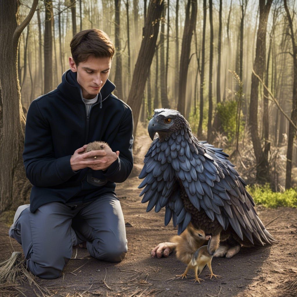 Young Man Kneels Before Newborn Gryphon