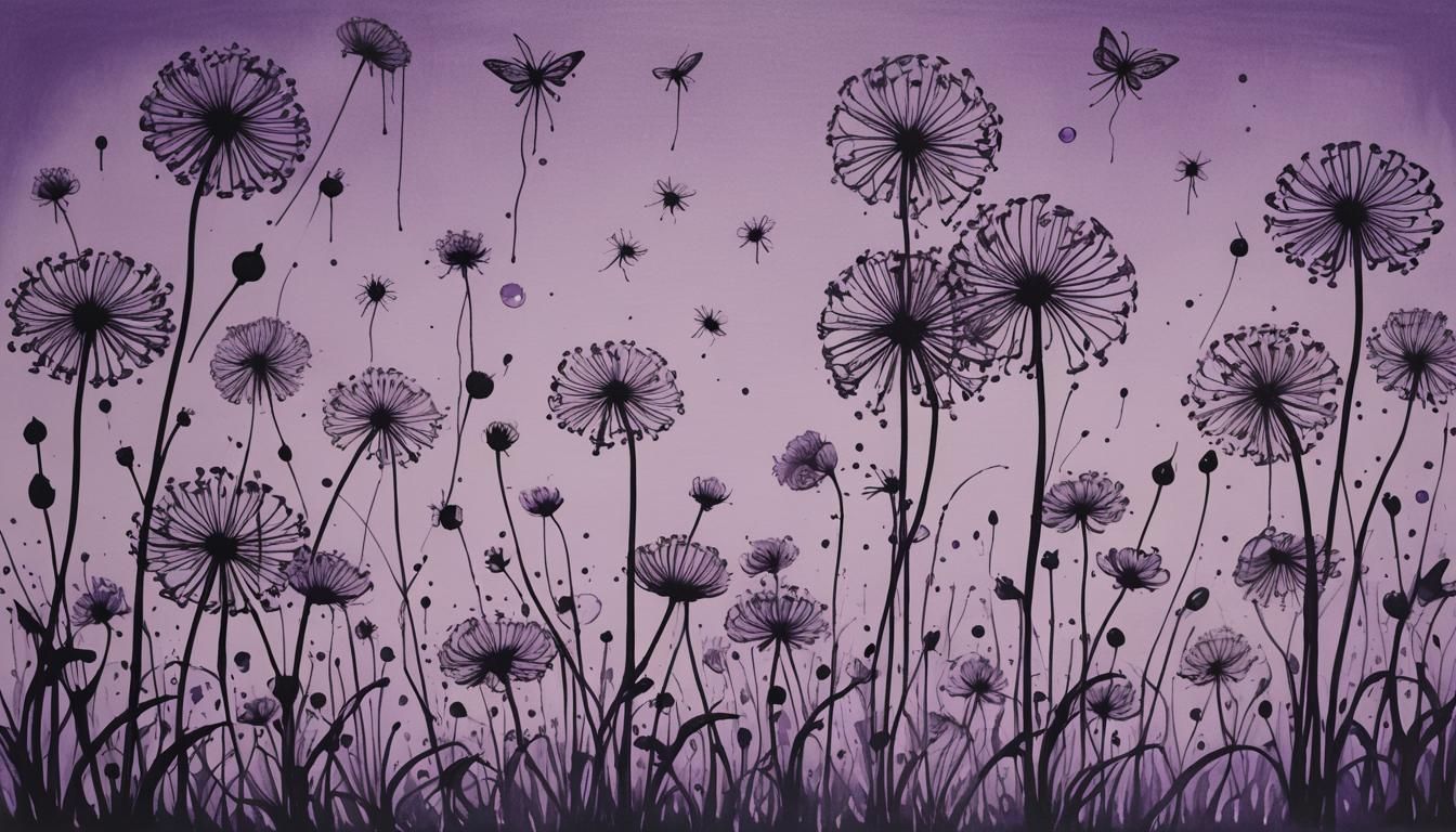 Surreal Chibi Princesses with Flowers in Purple Ink