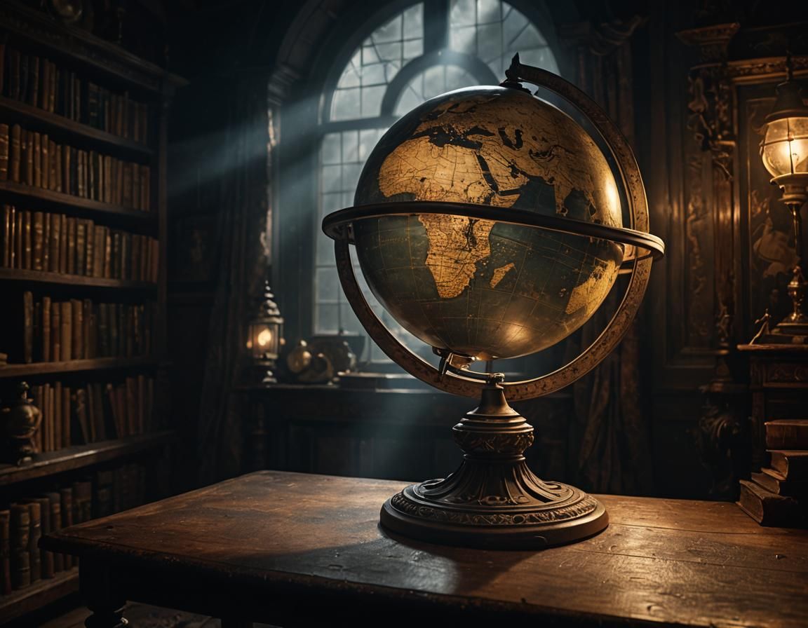 Antique Globe Illuminated in Dark Room