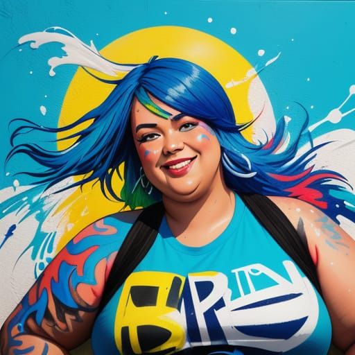 Urban Graffiti Art of Smiling Woman with Tattoos