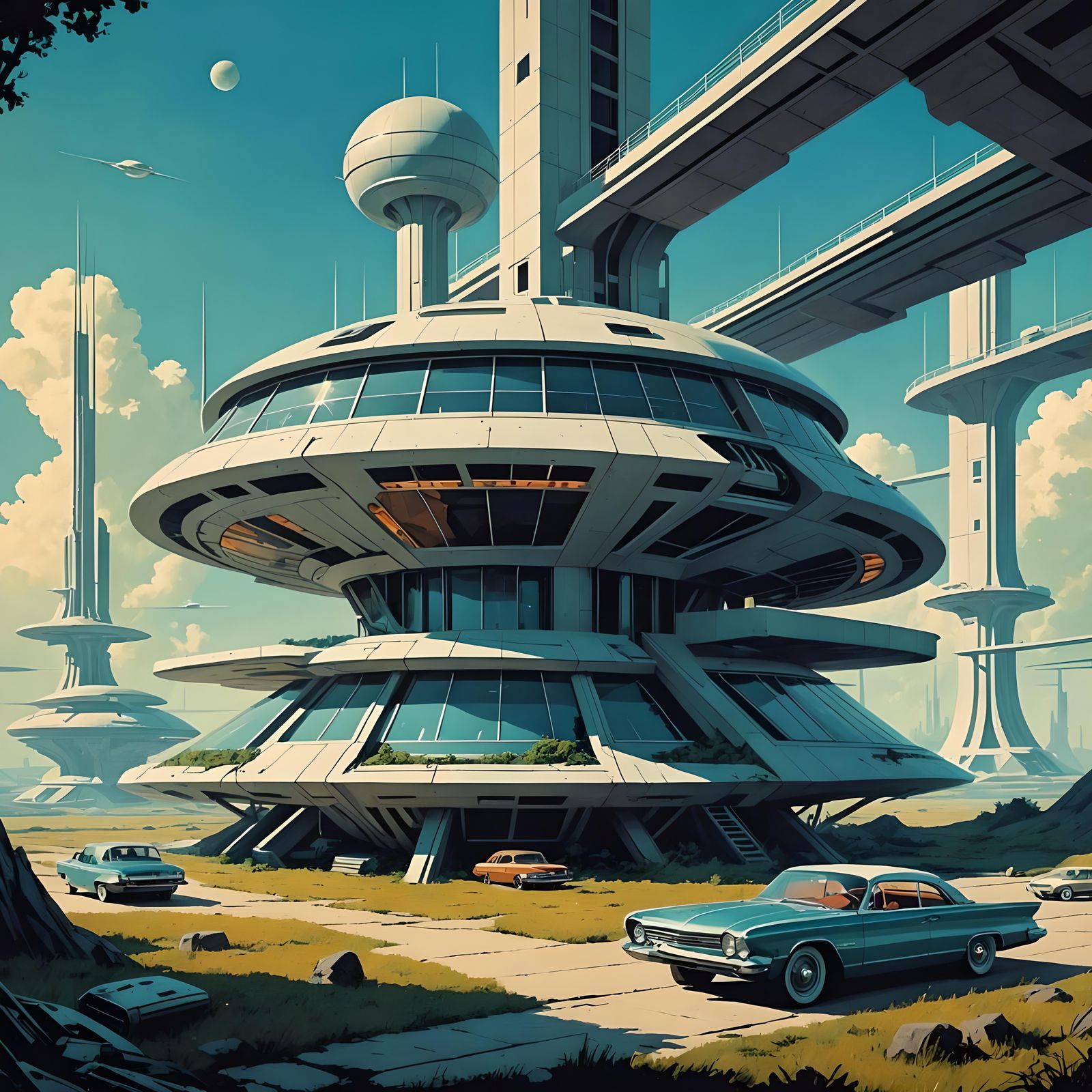 the home of Tomorrow, retro-future, 1960's futurism, abandoned, dystopian, art of Charles Schridde
