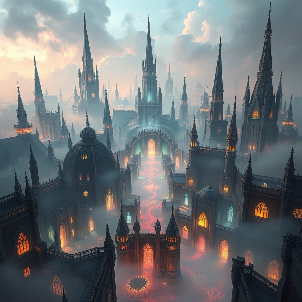 Ethereal Metropolis in Shimmering Mist