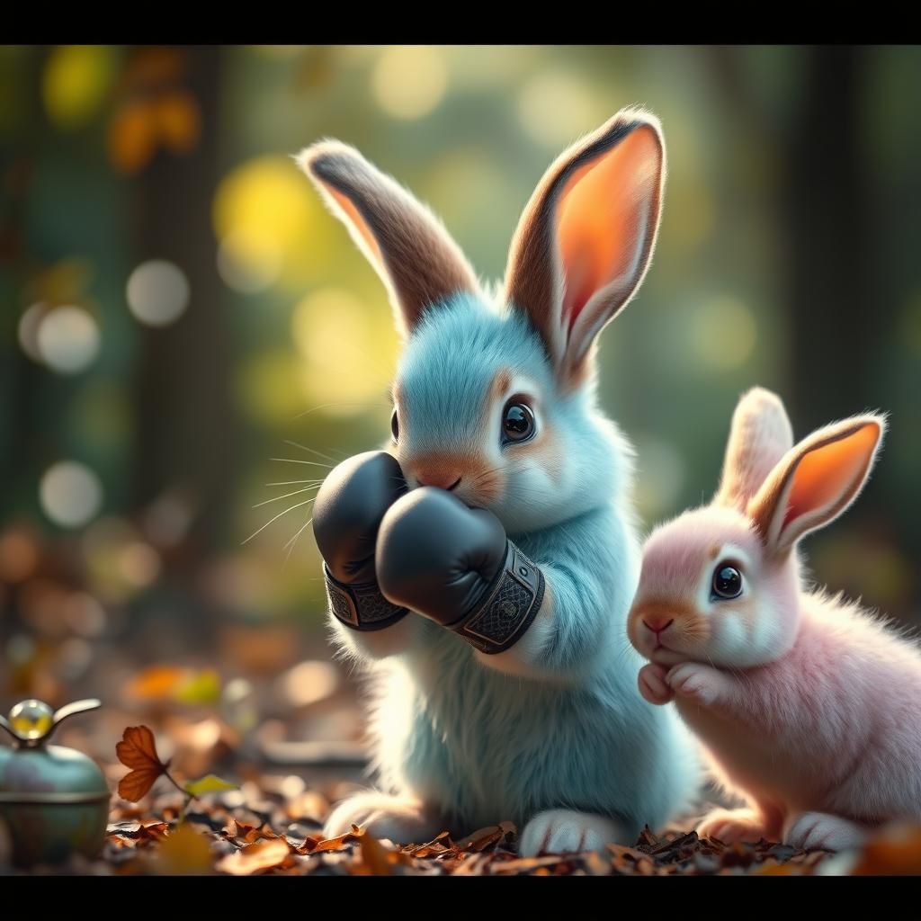Baby Bunnies Boxing in Enchanted Forest: Fantasy Photography