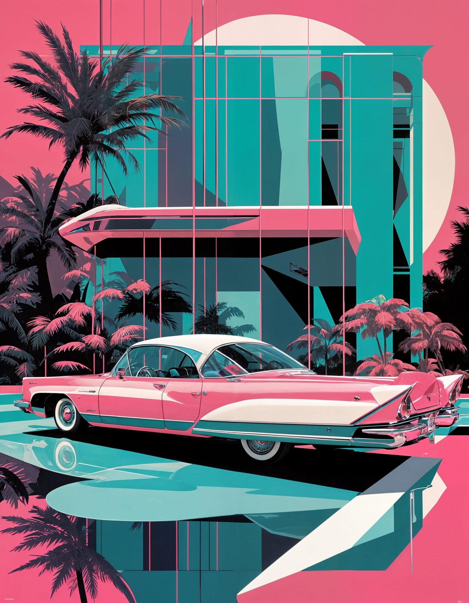Vibrant Retro-Futuristic Car Scene in Pop Art Style